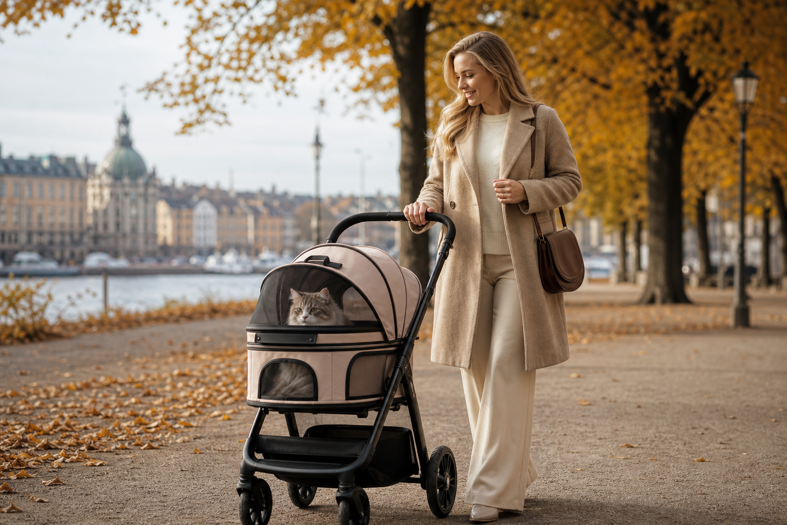 Kvinna promenerar med premium kattvagn i park
